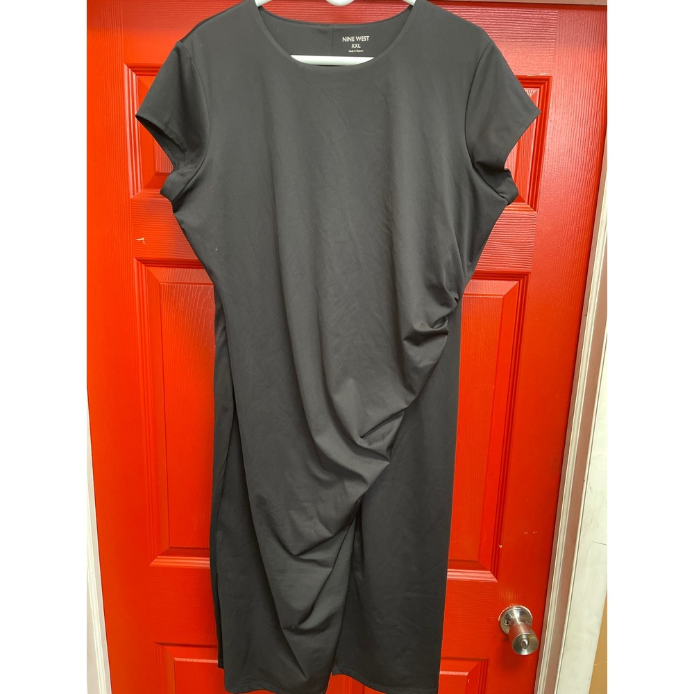 Nine West Womens XXL Black Short Sleeve Side Drape Sheath Dress Round Neck